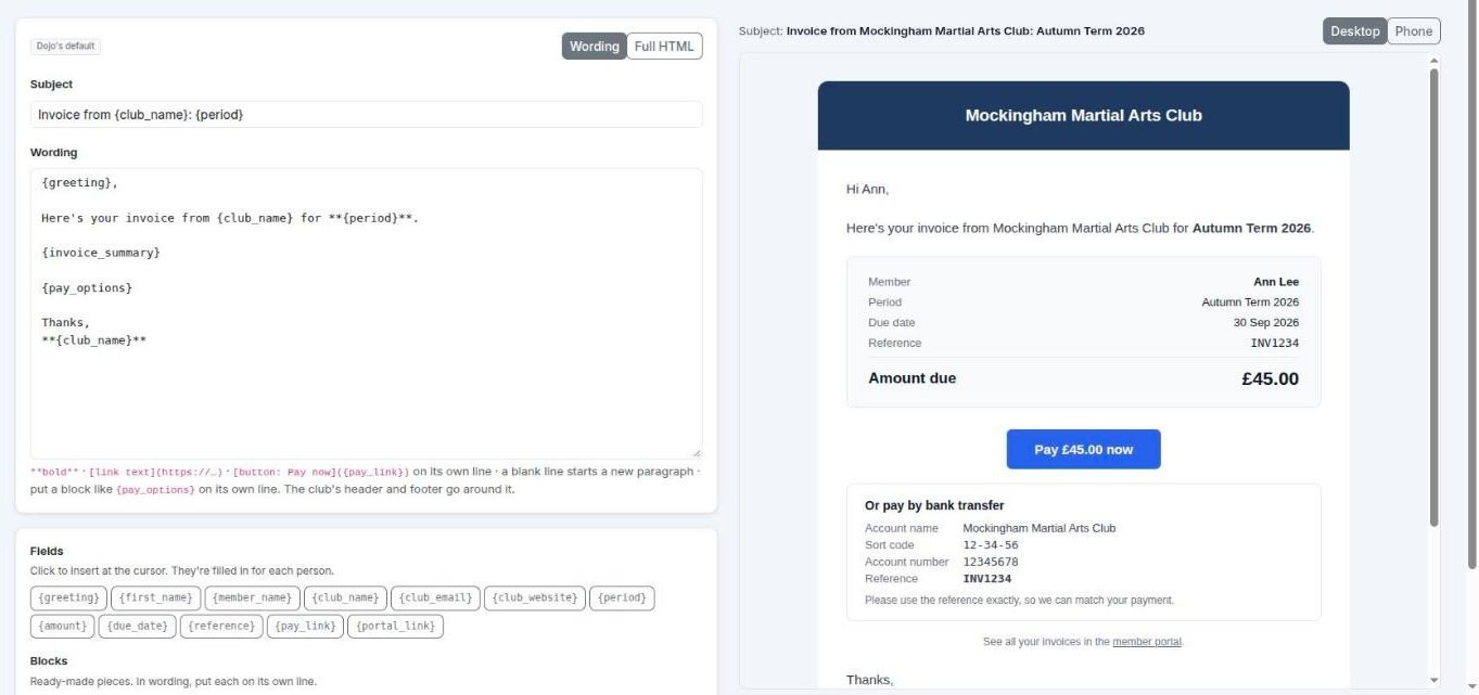 The email editor, with the invoice email's wording on the left and a live preview on the right