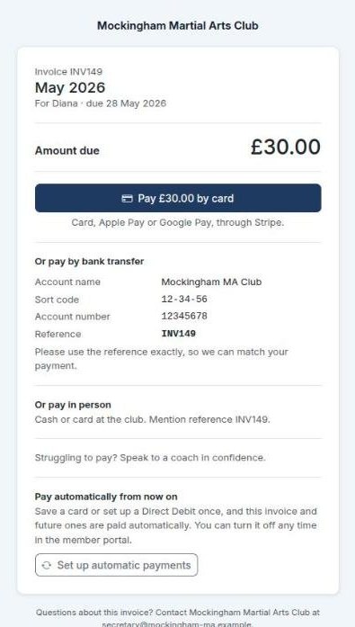 An invoice payment page with a pay by card button, bank transfer details and an option to pay automatically